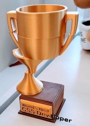 3D-printed trophy, “World’s Best CSS Developer” with intentional misalignment that looks like printer glitches